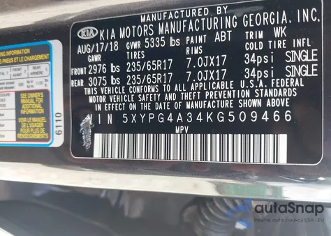 2019 Kia Sorento 2.4L Lx из США, поврежденный, VIN 5XYPG4A34KG509466